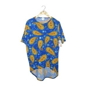 NWT LulaRoe IRMA Paisley Hippie Boho Blue Yellow Fun Casual Tribal Tunic Top XS